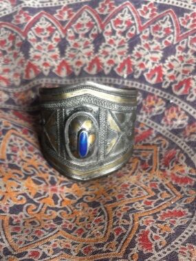 Vintage Tribal Filigree Cuff Bracelet with Lapis Blue Inlay